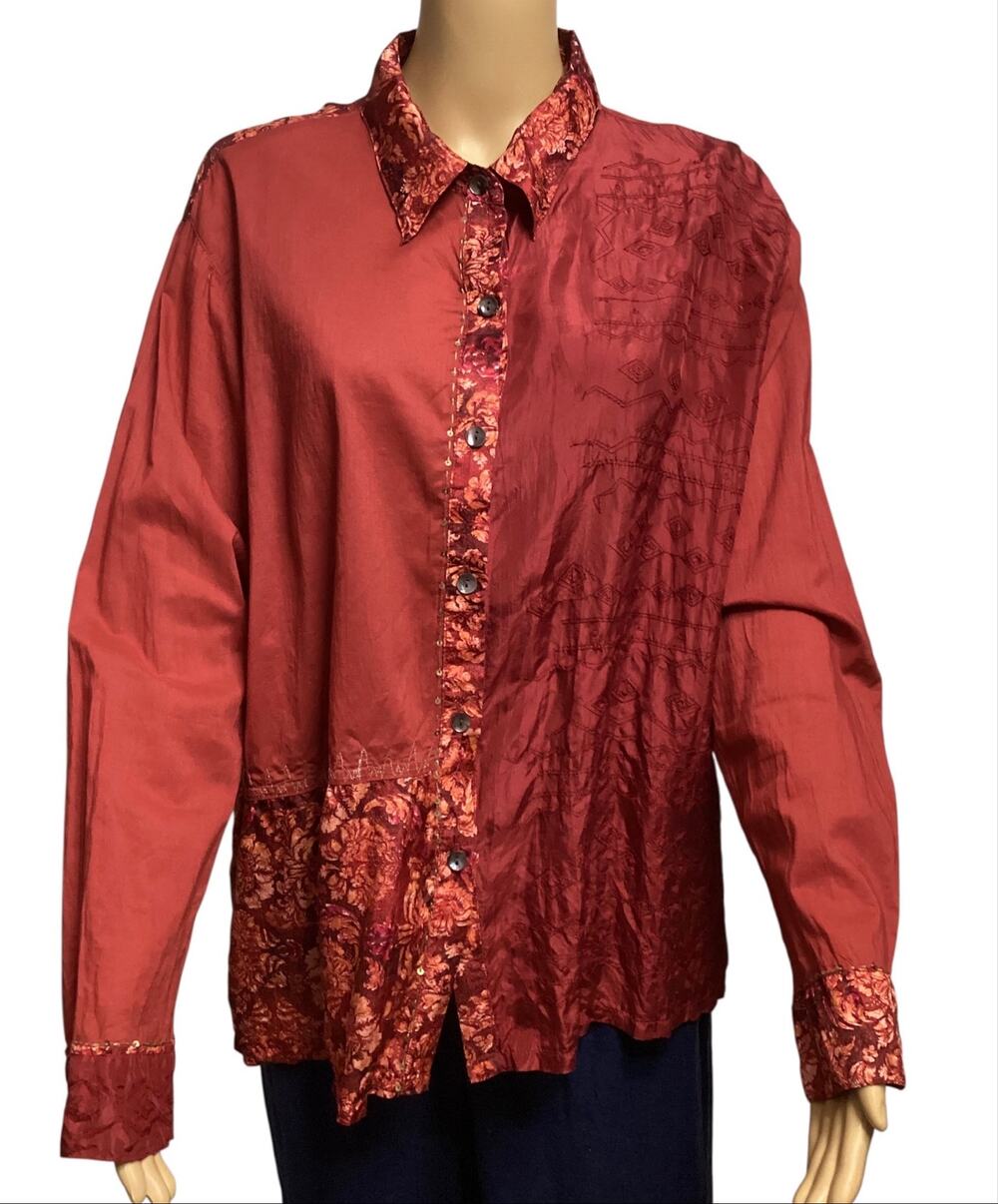 Chico's Silk Cotton Blend Embroidered Button Down Shirt Red Art to Wear Top XL/3